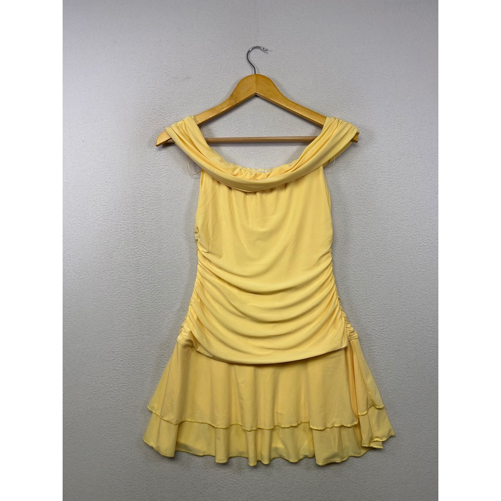 Coquette Fashion Nova Womens Medium Yellow Ruched Ruffle Off Shoulder Mini Dress